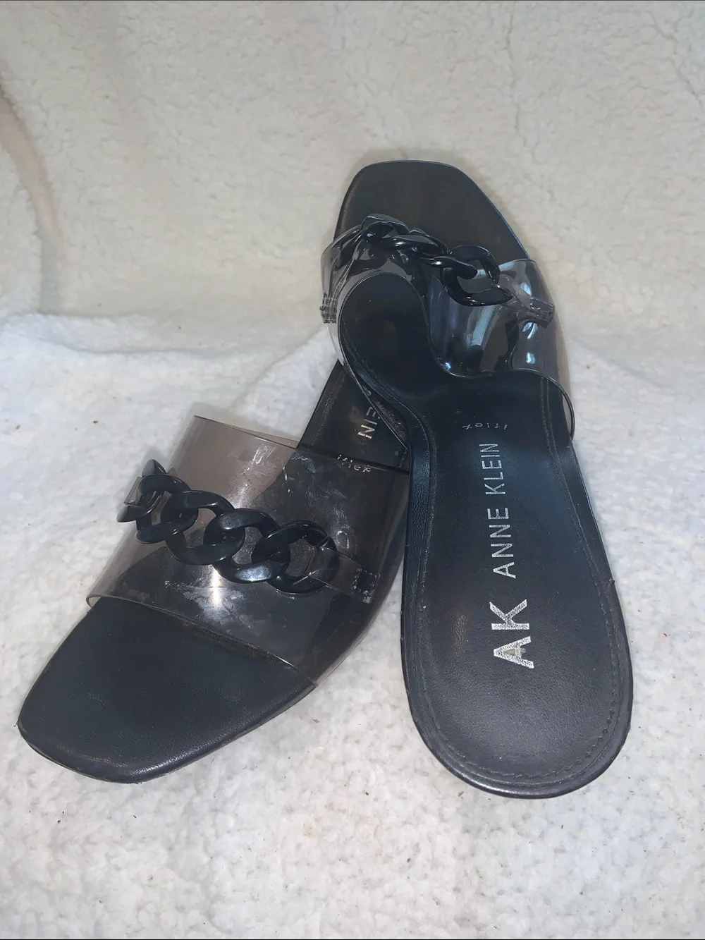 Anne Klein Black Slide Sandals with Clear Strap and Chain Accent